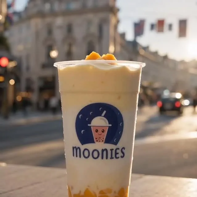 Moonies Mango Coco Cloud drink held outside in Batley