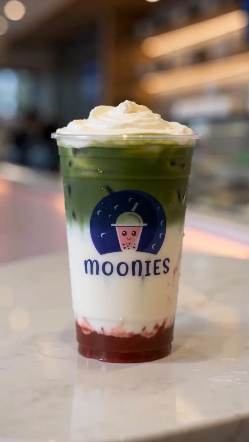 Moonies strawberry matcha topped with whipped cream